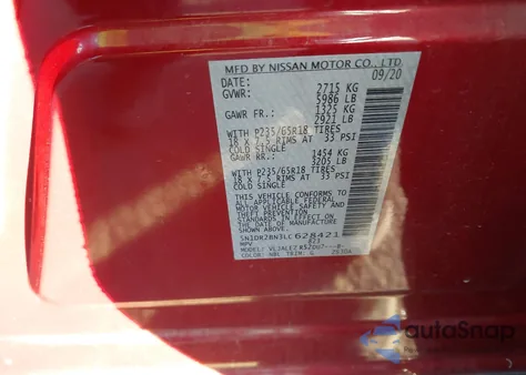 2020 Nissan Pathfinder Sv 2Wd z USA, uszkodzony, nr VIN 5N1DR2BN3LC628421